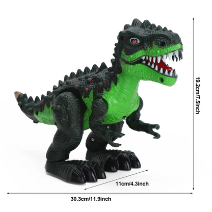 Child playing with an interactive walking dinosaur toy, featuring LED lights on its back and sound effects.