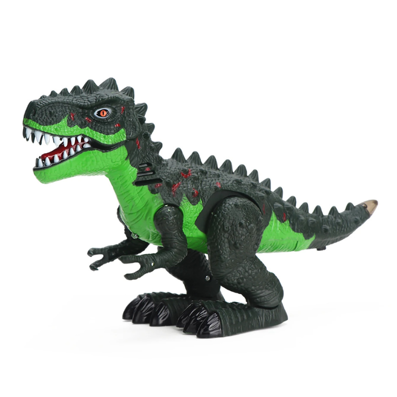 Close-up of a detailed brown walking dinosaur toy with intricate skin texture, lights, and roaring sound.