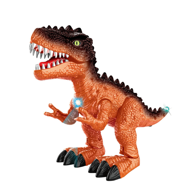 Animated blue dinosaur toy with wings, walking, and emitting colorful lights, perfect for interactive play.