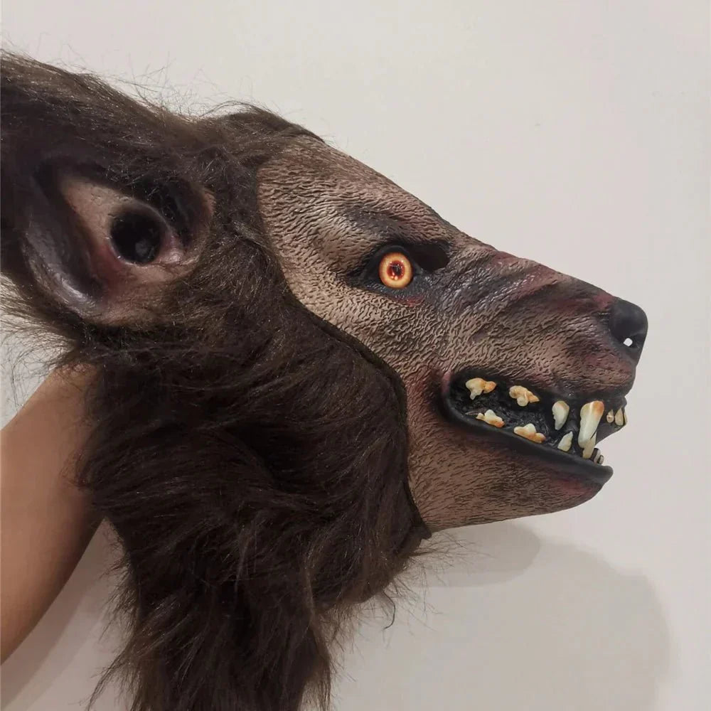 Detailed latex werewolf mask with realistic fur texture, ideal for Halloween, cosplay, or costume parties.