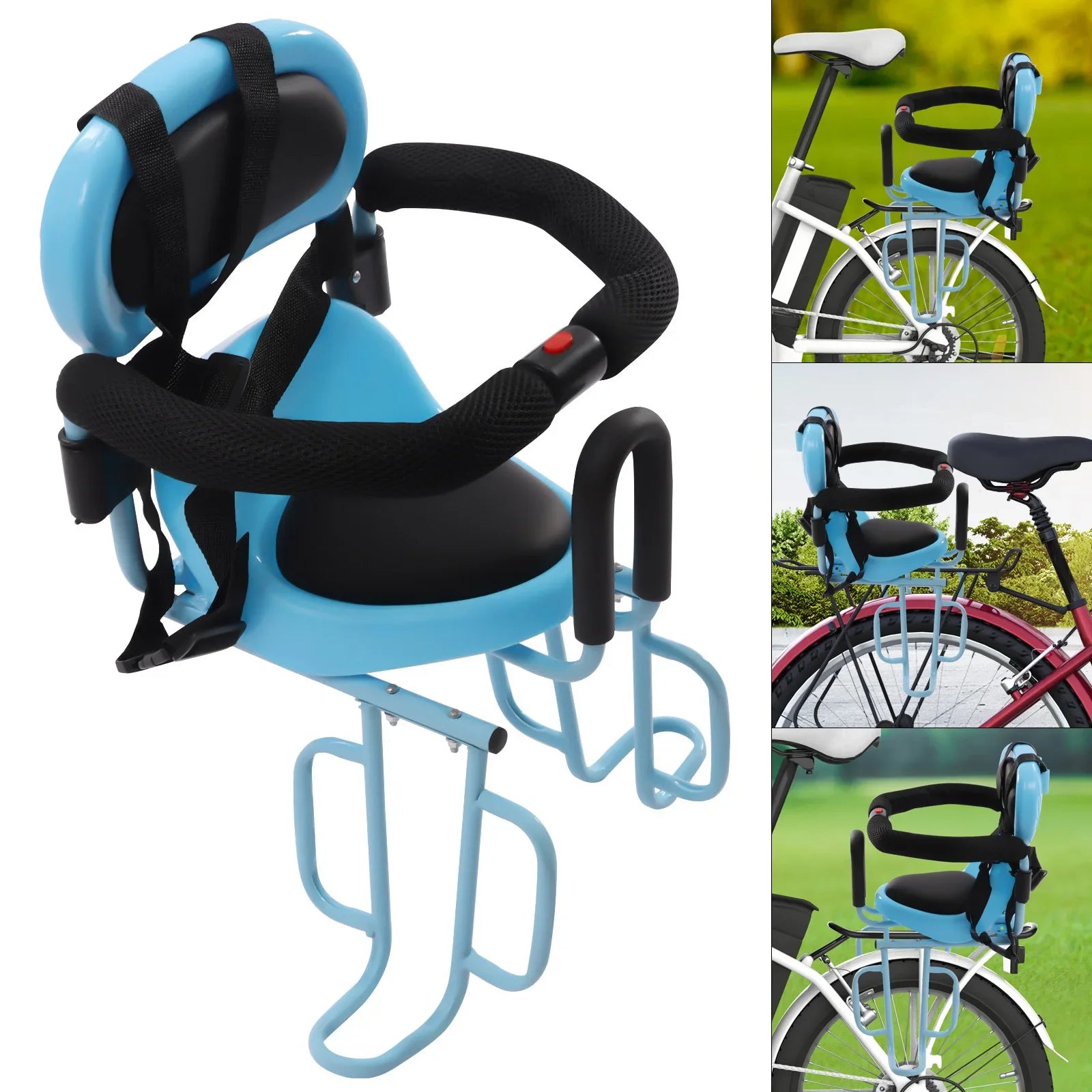 Rear mounted child bike seat with backrest and adjustable footrests for toddlers, focusing on baby safety during cycling.