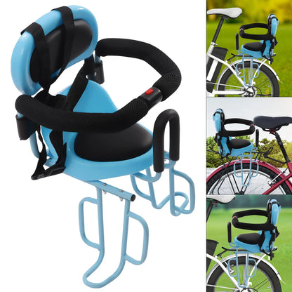 Rear mounted child bike seat with backrest and adjustable footrests for toddlers, focusing on baby safety during cycling.