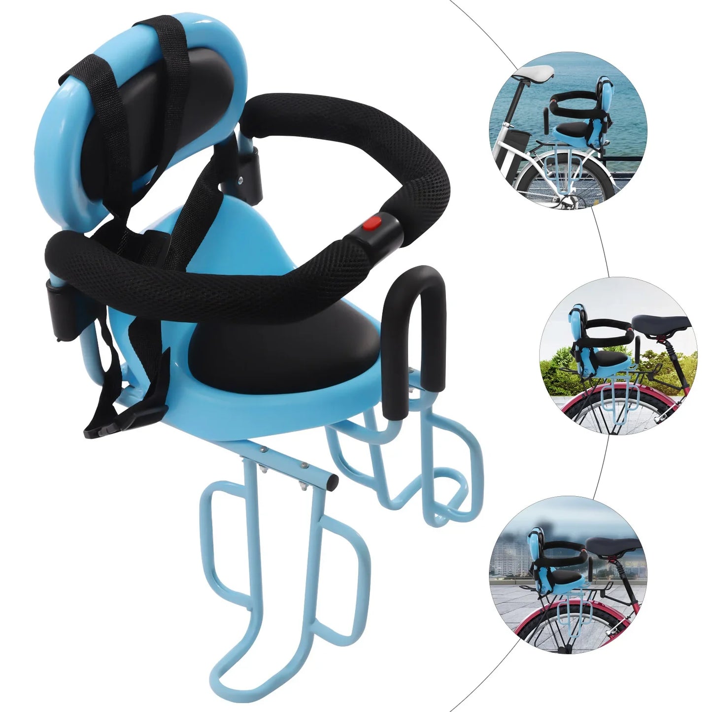 Kids bike seat, rear mounted on a bicycle, showing secure harness and back support for safe family cycling adventures.