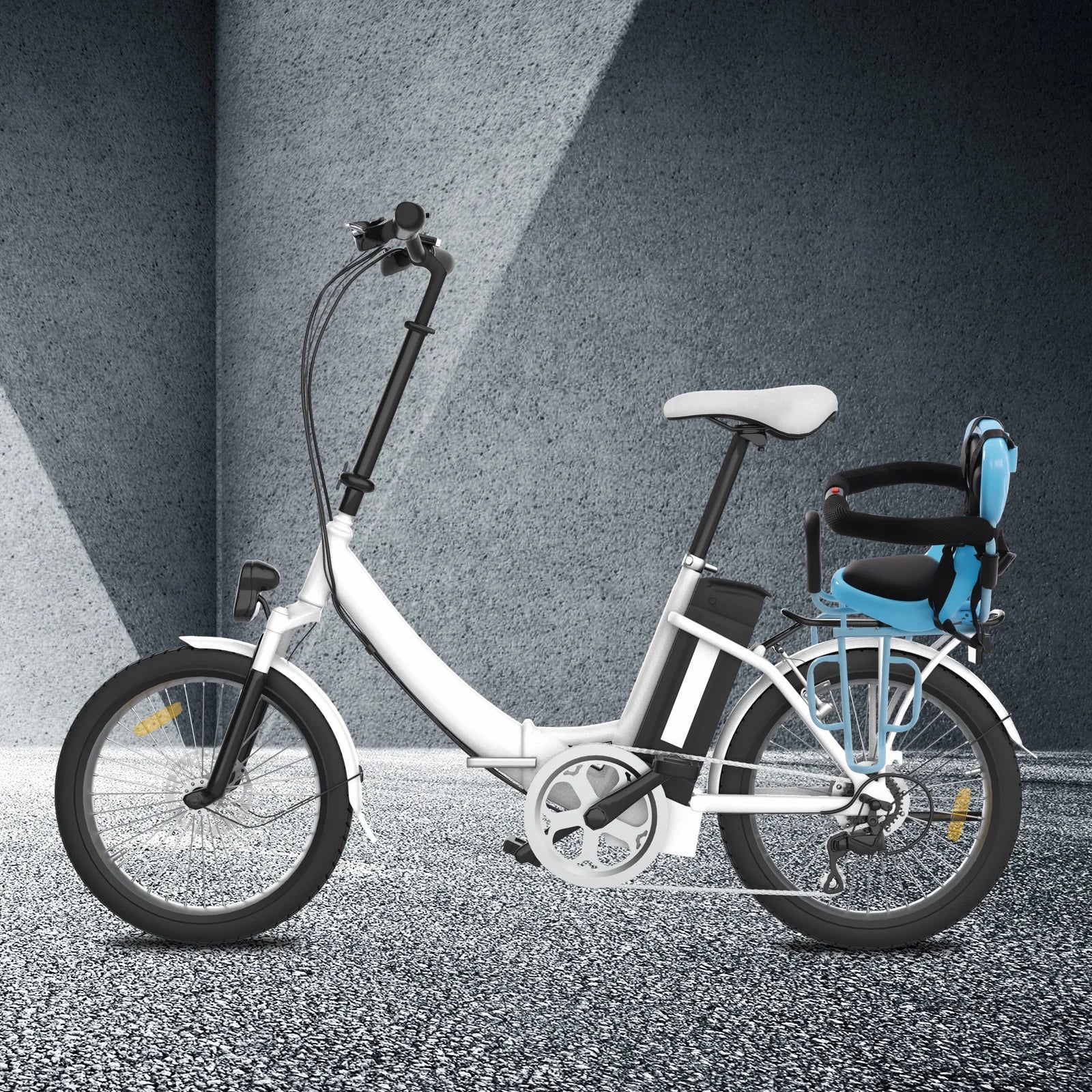 Toddler bike seat (rear mounted) with comfortable backrest and footrests, essential baby safety accessory for bikes.