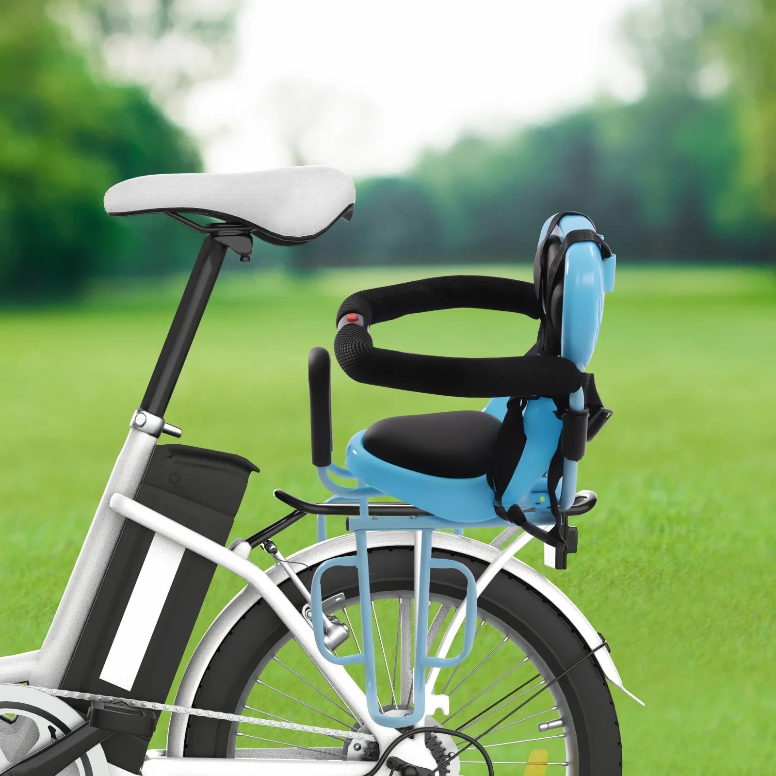 Close-up of a rear mounted child bike seat, highlighting its sturdy backrest, safety straps, and adjustable footrests.
