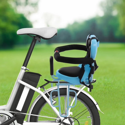 Close-up of a rear mounted child bike seat, highlighting its sturdy backrest, safety straps, and adjustable footrests.