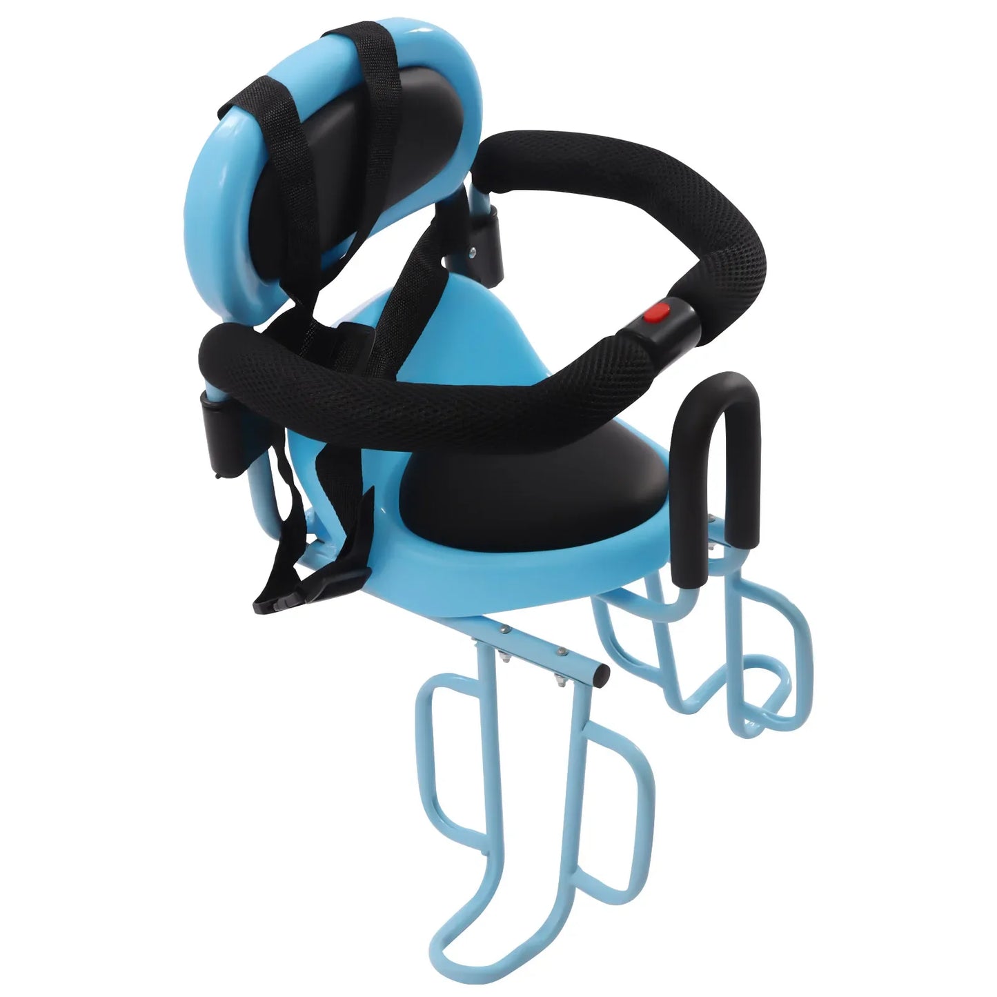 Child bike carrier, rear mounted, featuring an ergonomic backrest and integrated footrests for children's comfort and safety.