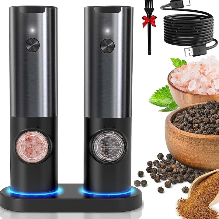 Rechargeable electric salt & pepper grinder set, stainless steel, adjustable grind. Essential kitchen tool.