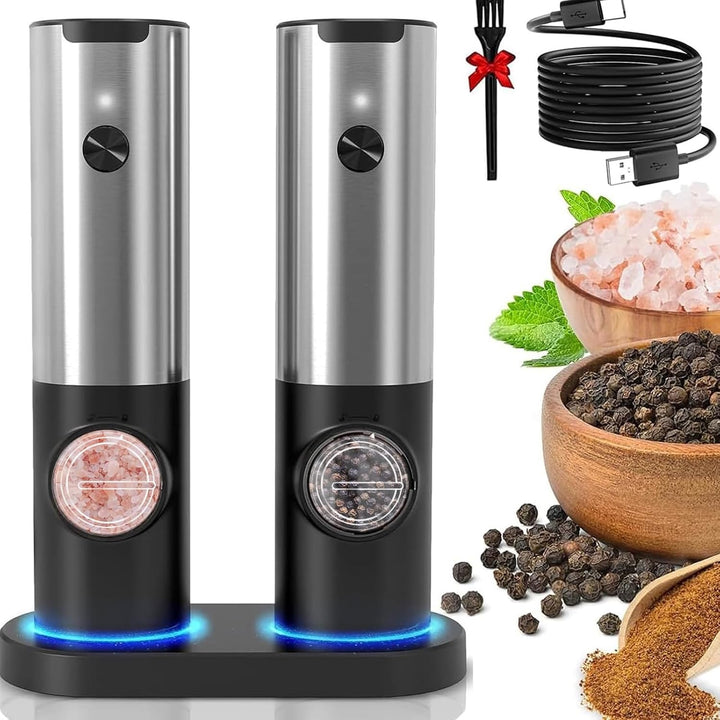 Convenient rechargeable electric salt & pepper mill set for fresh spices. Modern kitchen gadget.
