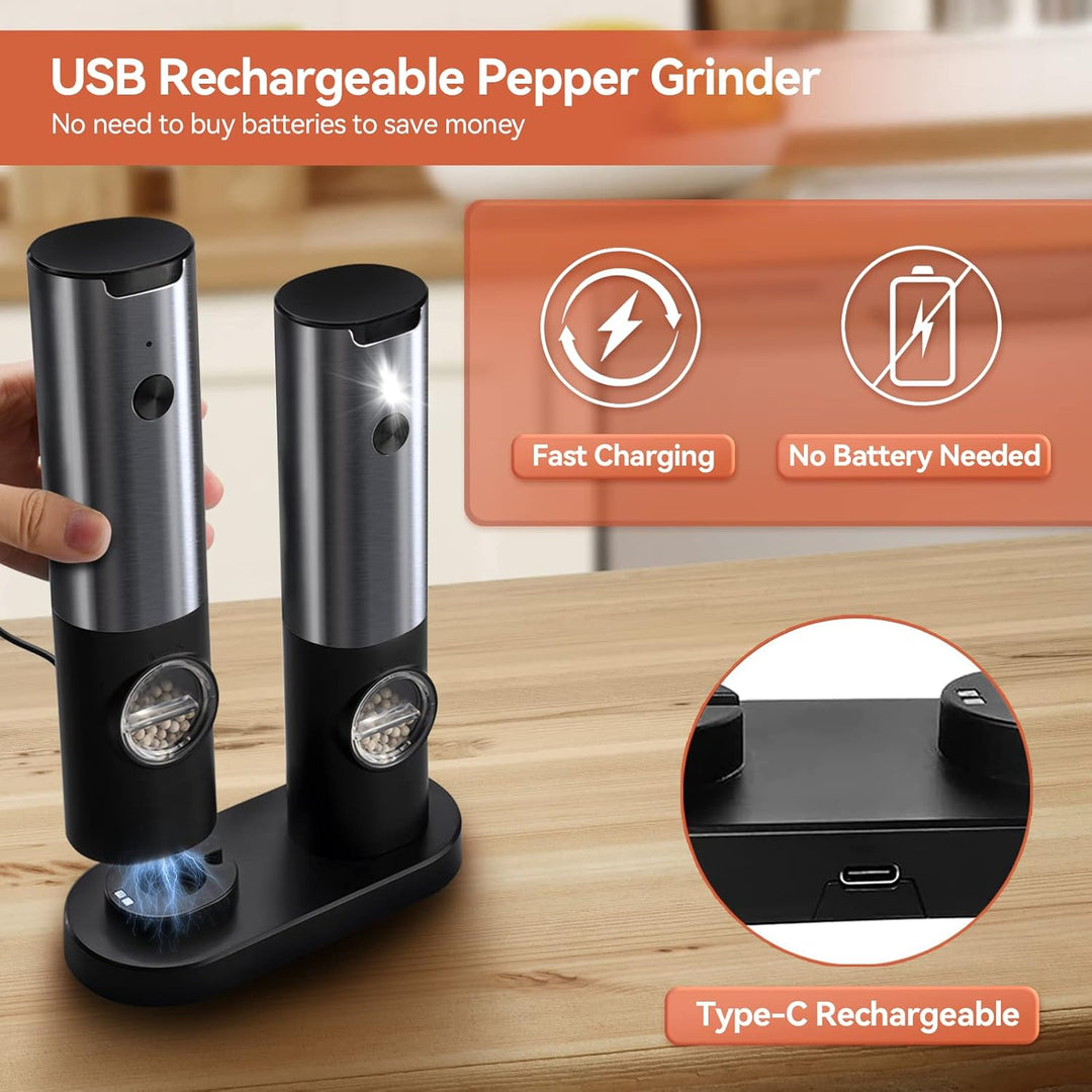 Sleek stainless steel electric salt and pepper grinders with adjustable ceramic burrs for perfect seasoning.