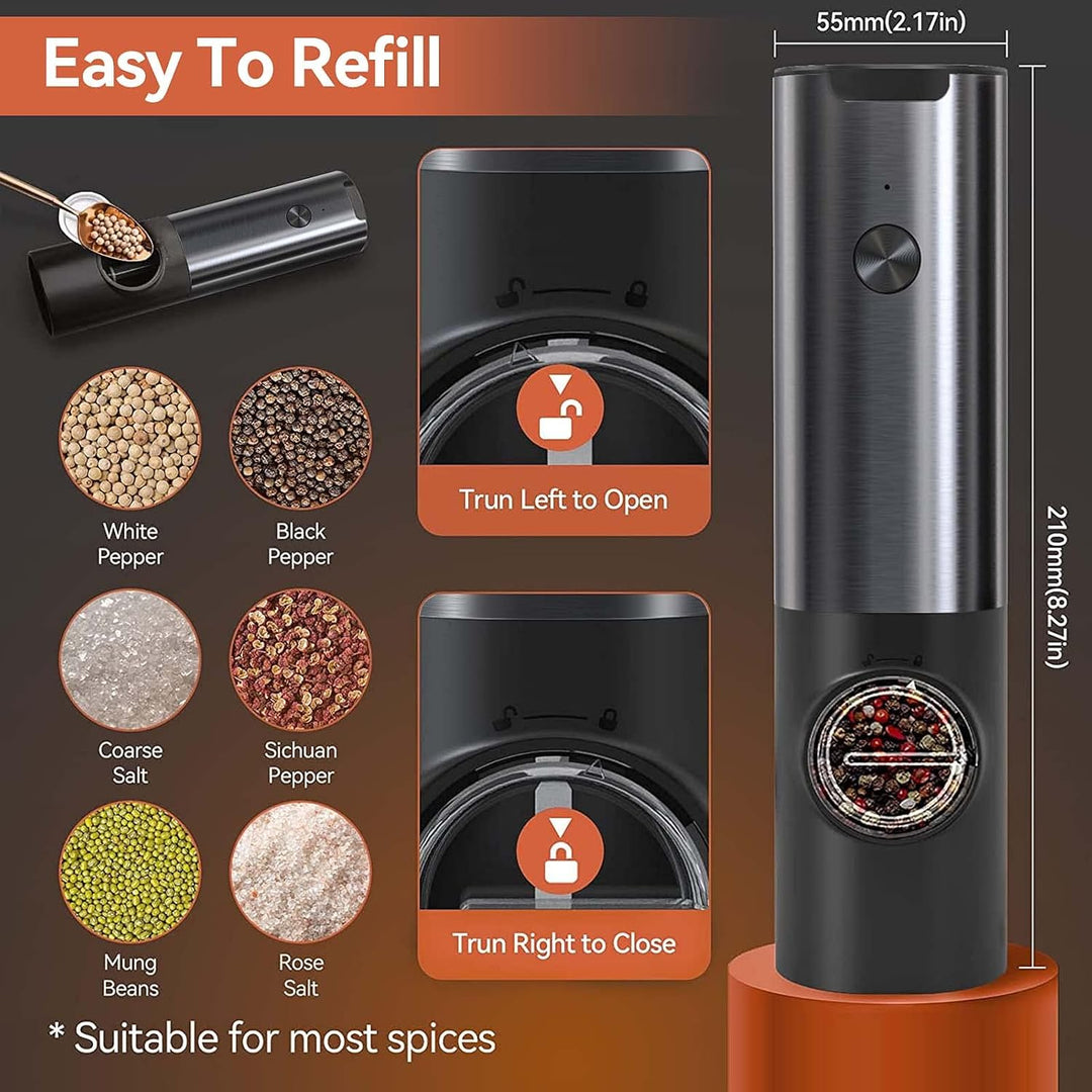 Complete rechargeable electric salt and pepper grinder set, ideal for cooking and dining, with easy use.