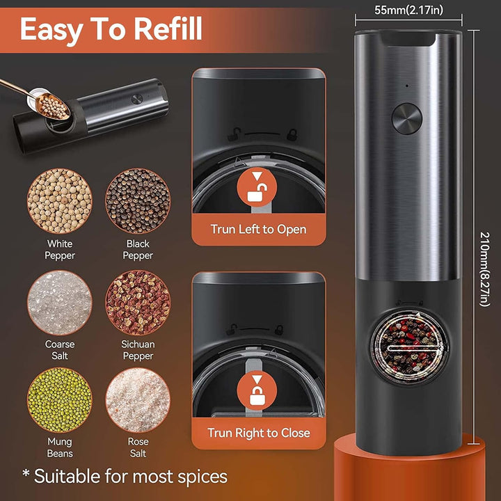 Complete rechargeable electric salt and pepper grinder set, ideal for cooking and dining, with easy use.