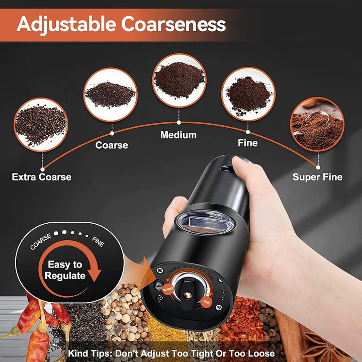 Effortlessly grind salt and pepper with this rechargeable electric mill set, a stylish kitchen accessory.
