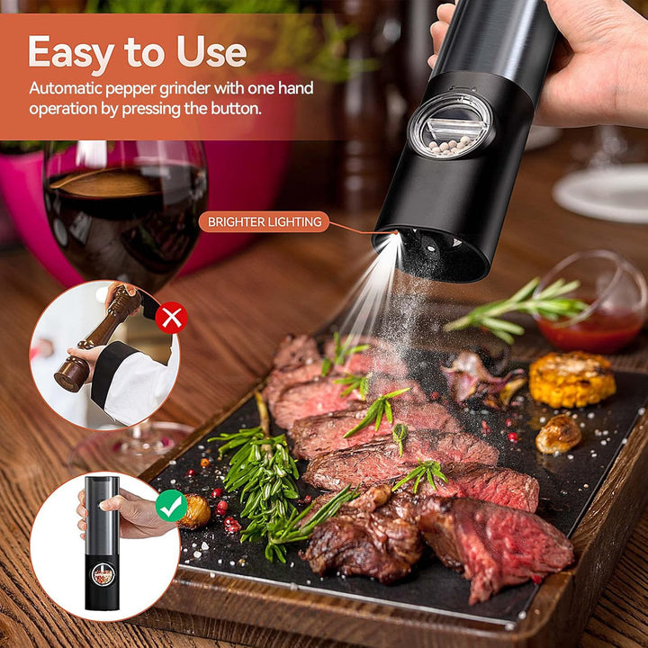 Adjustable electric salt & pepper grinder set, stainless steel, rechargeable for precise seasoning control.
