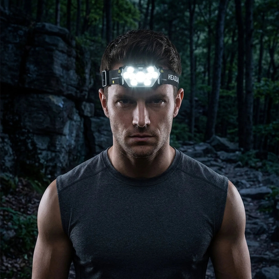 Rechargeable LED headlamp with motion sensor, ideal for hands-free camping, hiking, & outdoor activities.