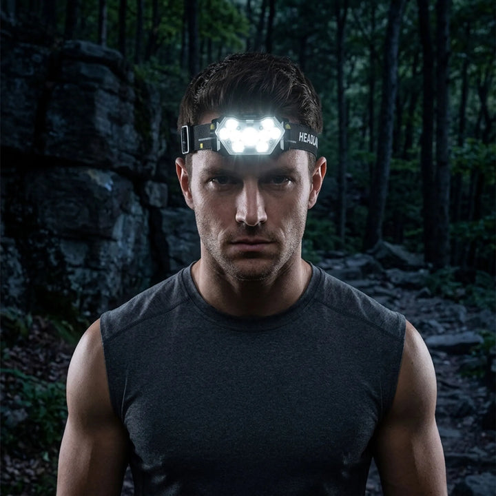 Rechargeable LED headlamp with motion sensor, ideal for hands-free camping, hiking, & outdoor activities.