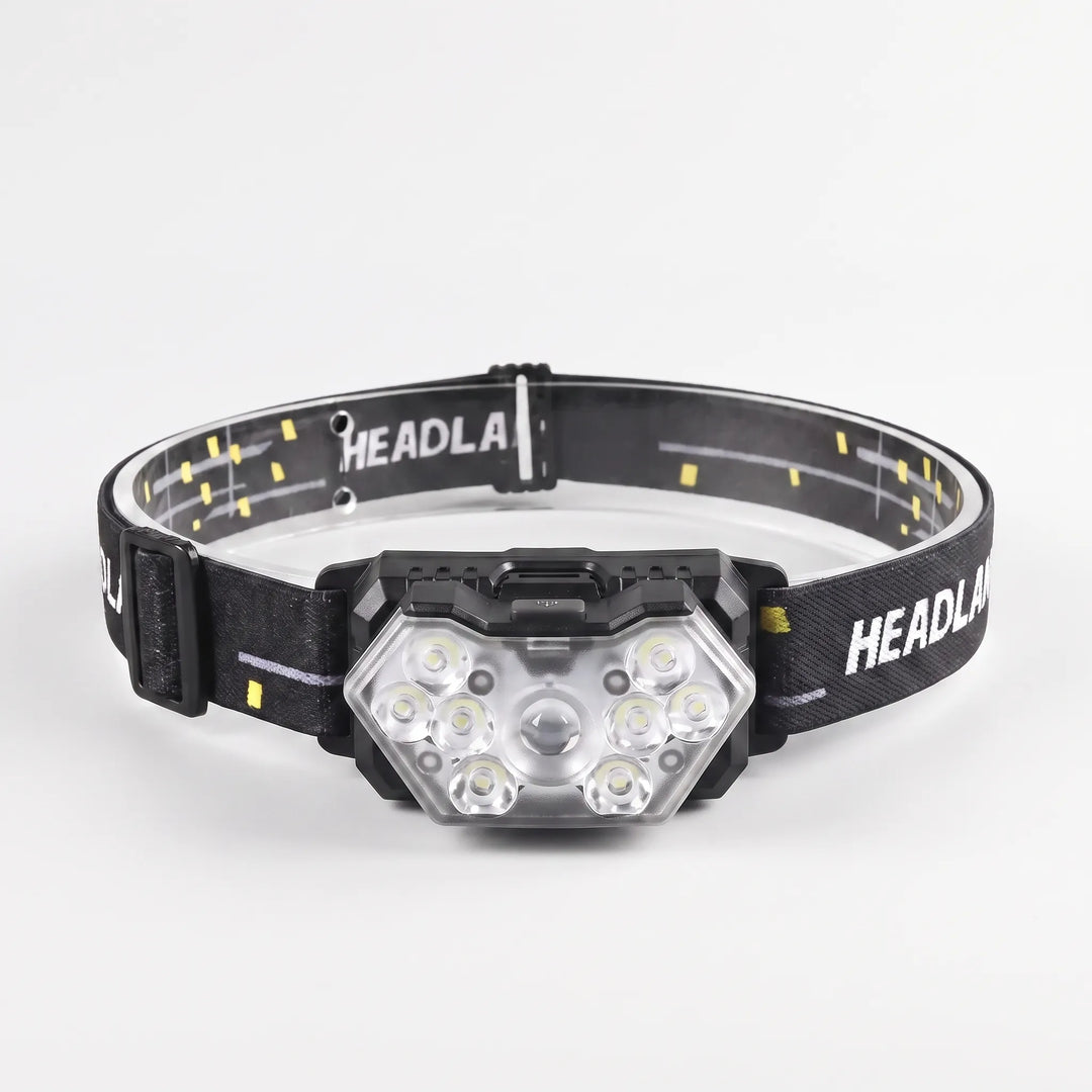 Durable rechargeable headlamp for hiking & camping, featuring motion sensor activation & bright LED outdoor light.