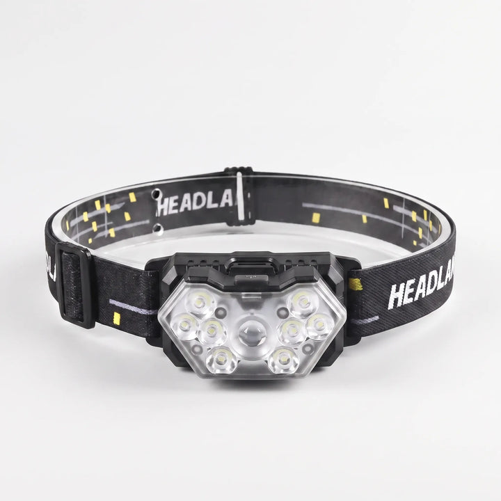 Durable rechargeable headlamp for hiking & camping, featuring motion sensor activation & bright LED outdoor light.