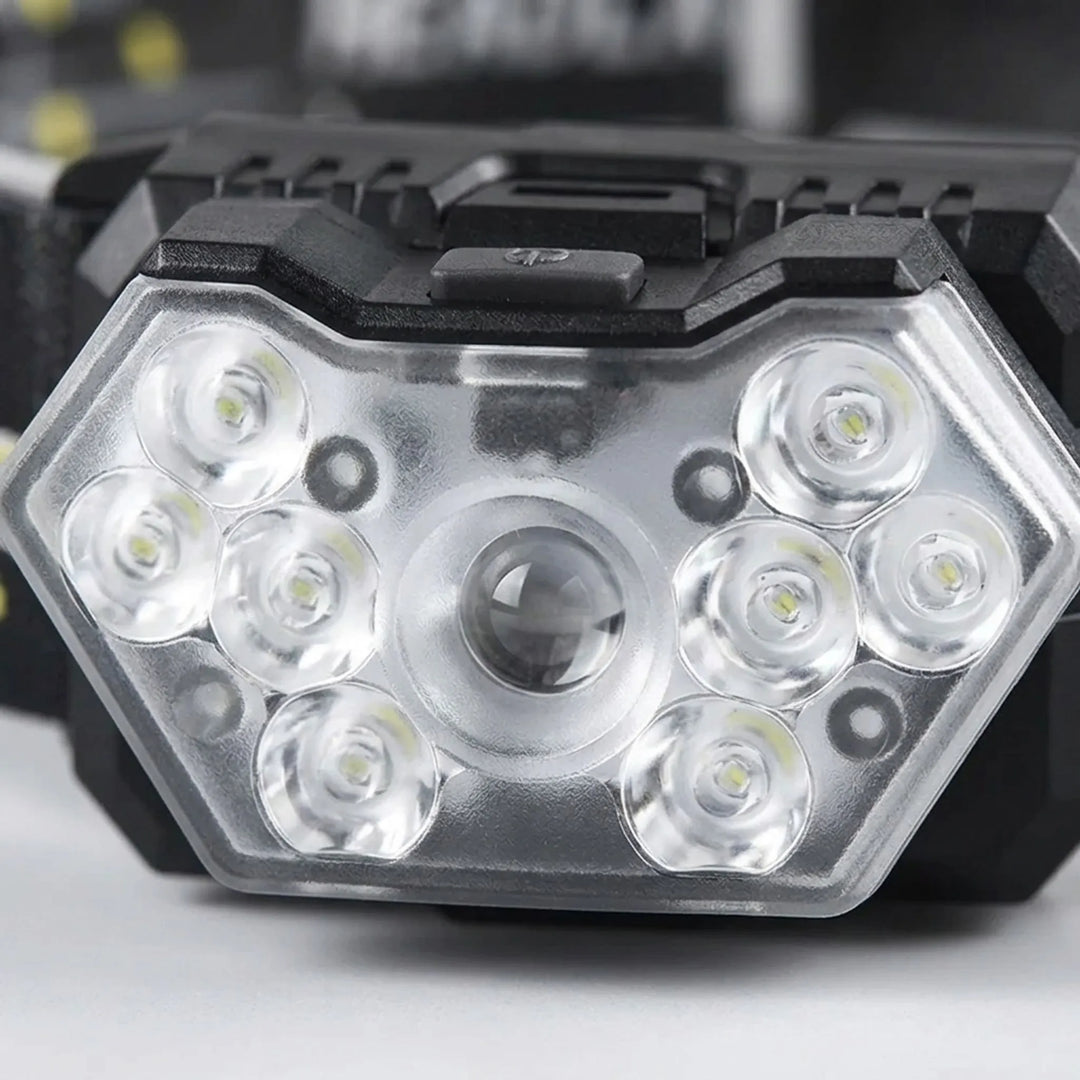 Hands-free rechargeable headlamp with motion sensor for work, emergency kits, or outdoor lighting needs.