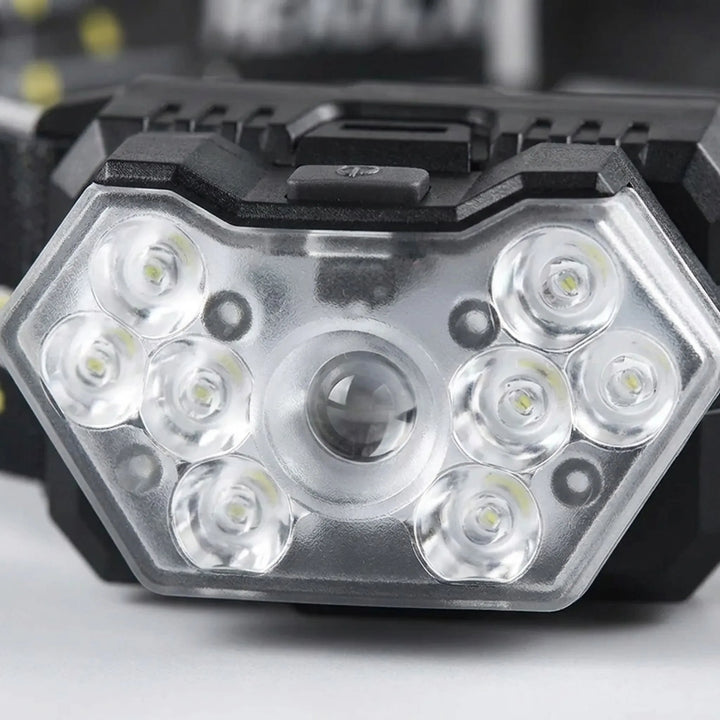 Hands-free rechargeable headlamp with motion sensor for work, emergency kits, or outdoor lighting needs.