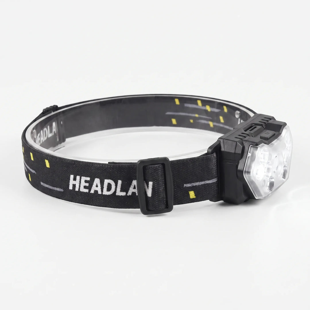 Compact rechargeable headlamp with motion sensor, perfect for camping, night hiking, or hands-free illumination.