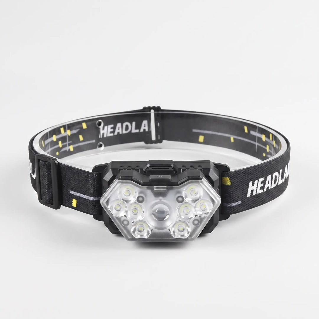 Bright rechargeable LED headlamp with motion sensor, great for all outdoor activities, work, and emergency use.