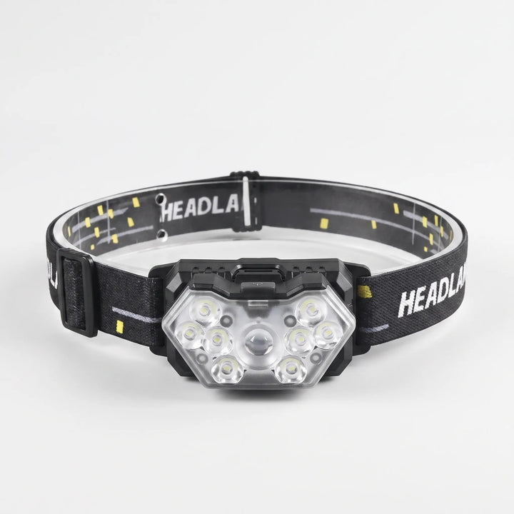 Bright rechargeable LED headlamp with motion sensor, great for all outdoor activities, work, and emergency use.