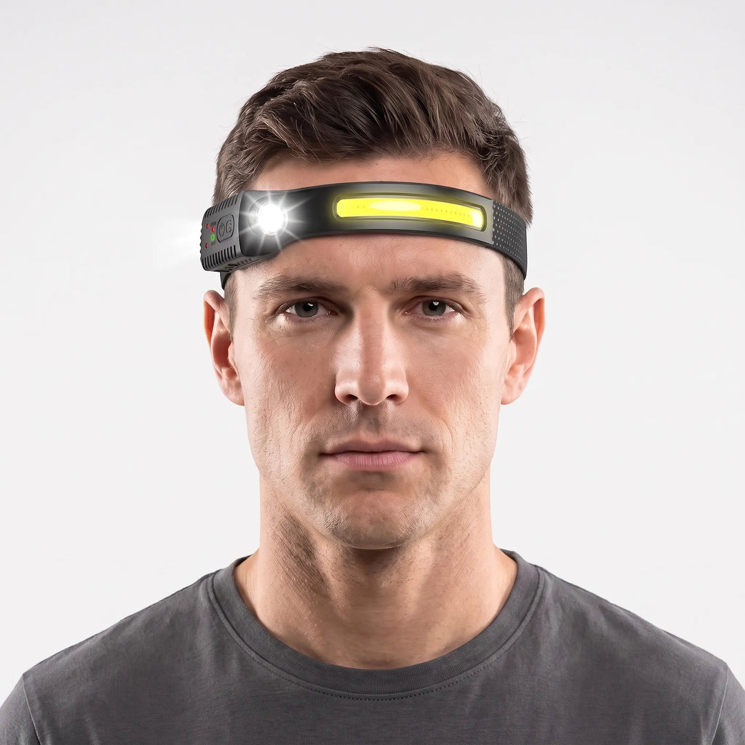 Rechargeable LED headlamp with wide beam for hands-free outdoor lighting during camping & hiking adventures.