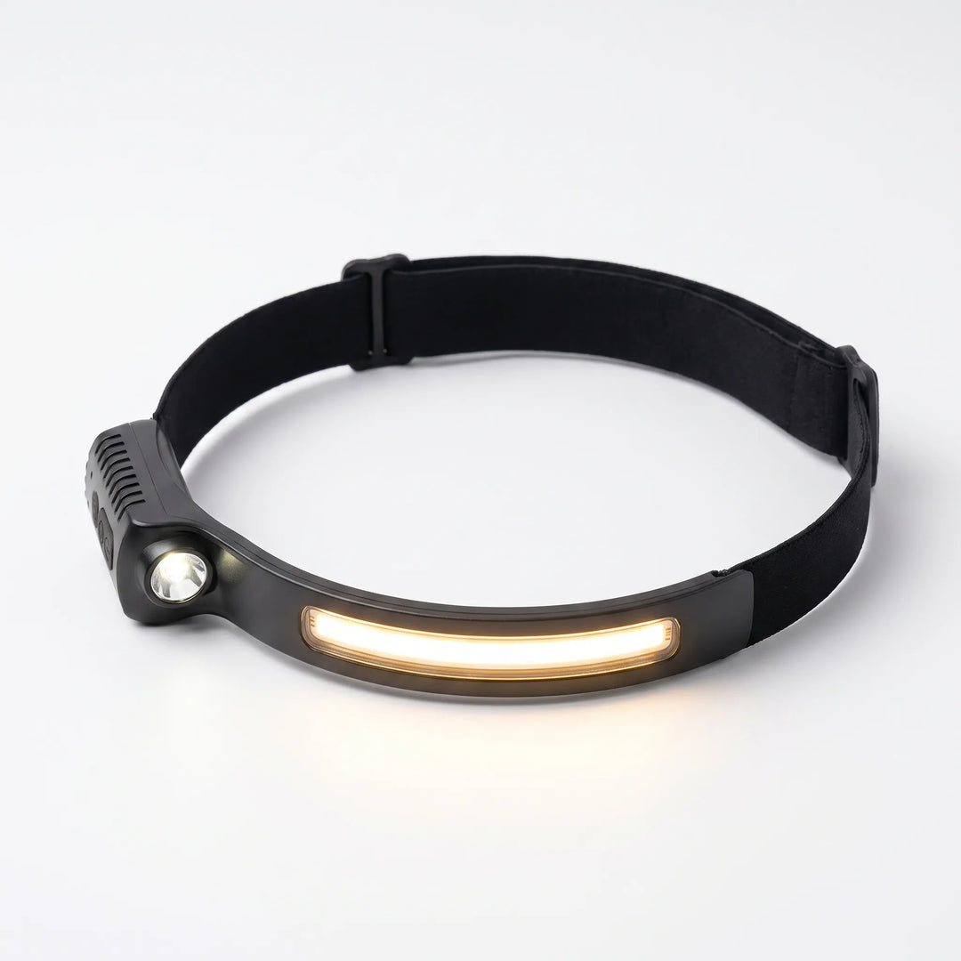 Hands-free rechargeable headlamp with motion sensor, wide beam LED for efficient outdoor work & hiking.