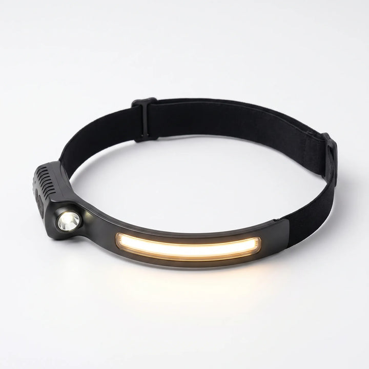 Hands-free rechargeable headlamp with motion sensor, wide beam LED for efficient outdoor work & hiking.
