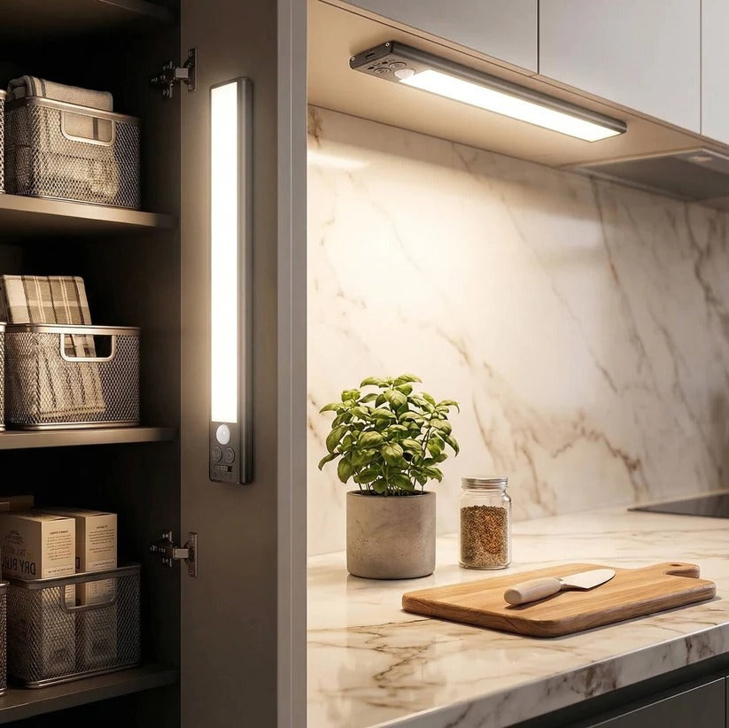 Dimmable rechargeable LED under cabinet lights with motion sensor. Great for kitchen & tasks.