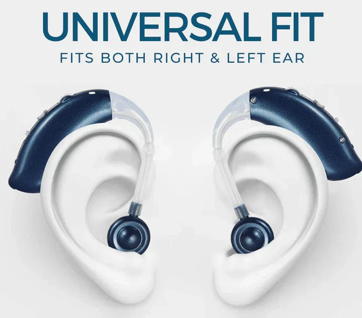 Powerful rechargeable sound amplifier ear device for enhanced, clear universal fit hearing.