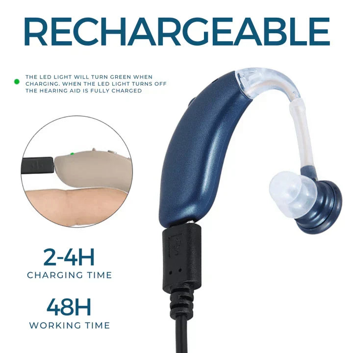 Comfortable rechargeable hearing aid provides universal fit for discreet sound amplification.