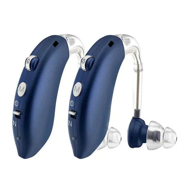 Sleek universal fit hearing aid worn behind the ear. Rechargeable for clear, amplified sound.