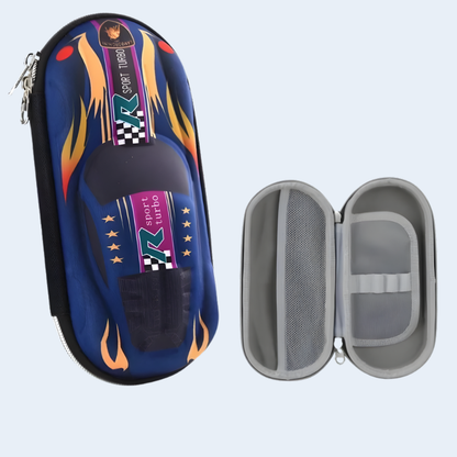Red 3D car design pencil case for boys, a fun school supplies organizer.