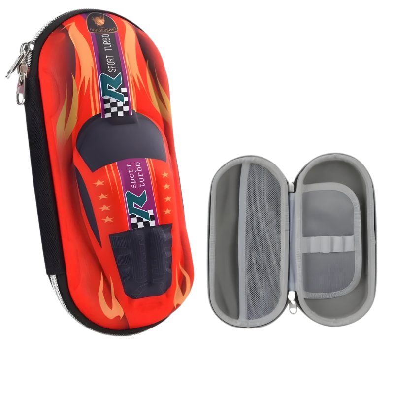 Green 3D car themed pencil case, ideal for organizing kids' stationery at school.