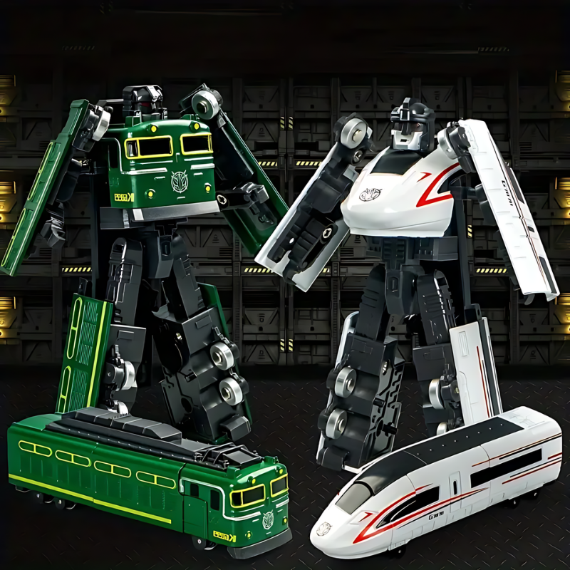 Red and blue transforming robot toy for kids, posed as a heroic figure with a train on its chest.