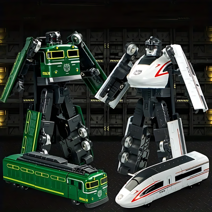 Red and blue transforming robot toy for kids, posed as a heroic figure with a train on its chest.