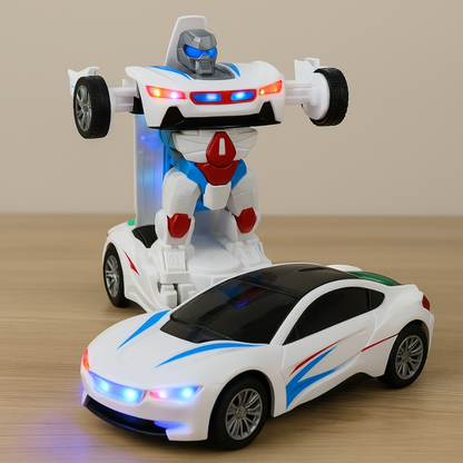 Red and blue TurboMorph transforming robot car toy in car mode, with flashing lights, for educational kids' play