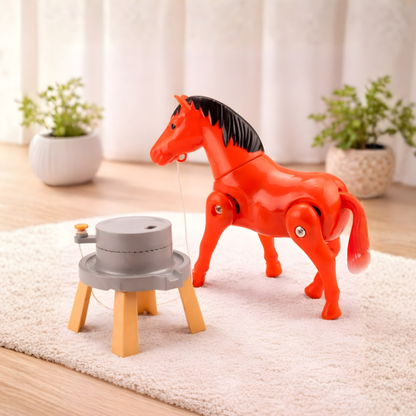 Red and white interactive playful running horse pull toy for toddlers, enhancing motor skills