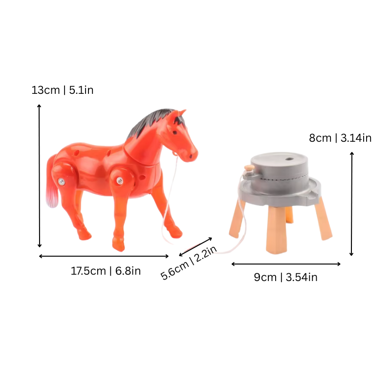 Toddler playing with a red and white running horse pull toy, fostering imagination and active play