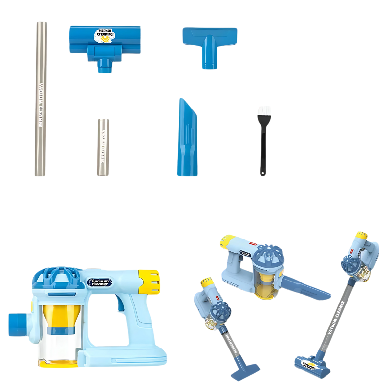 Kids' educational vacuum cleaner toy with realistic sounds, great for pretend play and motor skill growth.