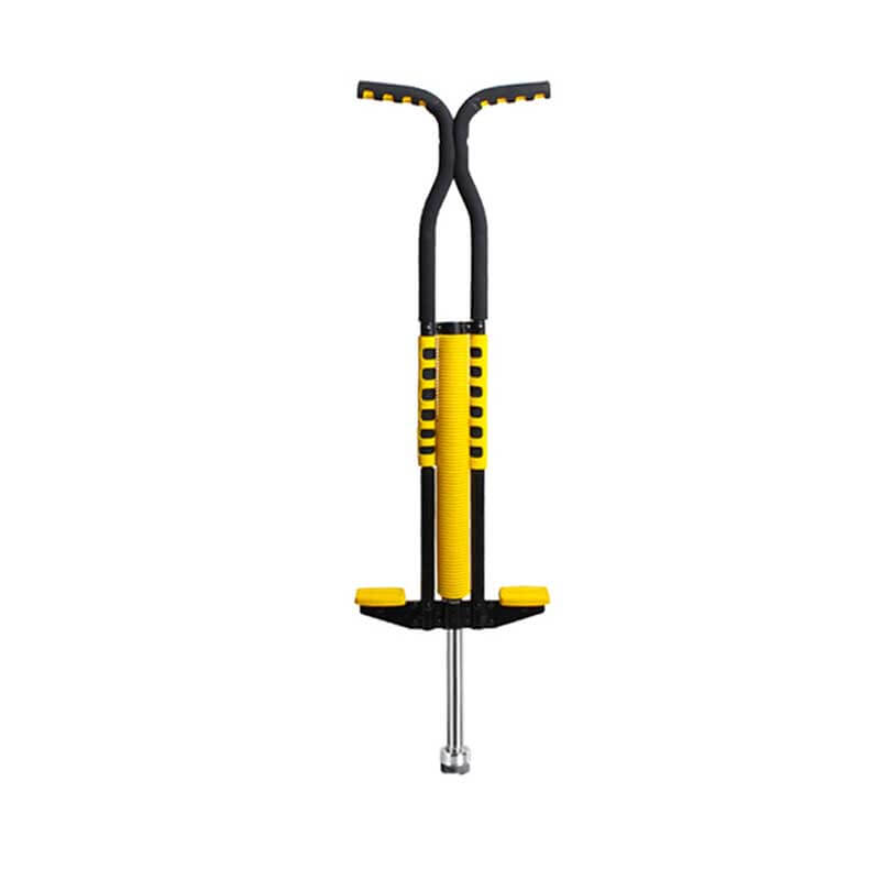 Teenager jumping high on a durable pogo stick, enjoying outdoor fun & exercise.