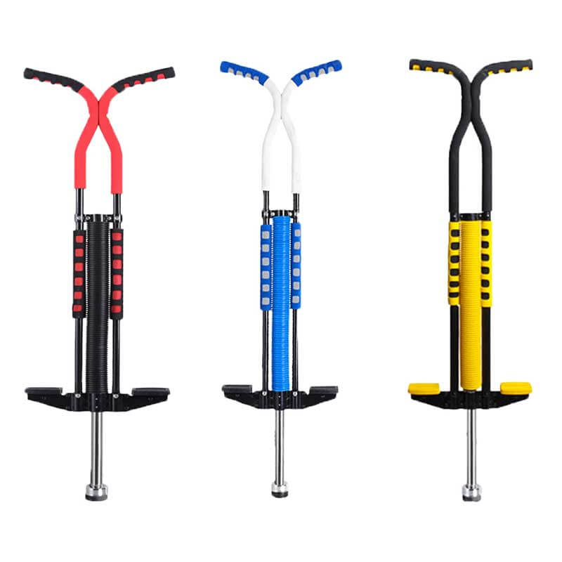 Action shot of a child expertly balancing on a pogo stick, a great exercise equipment.