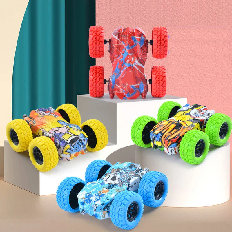Red & blue double-sided stunt car, inertia powered toy for thrilling kids' playtime fun