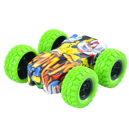 Inertia powered double-sided stunt car, a robust children's vehicle for engaging playtime