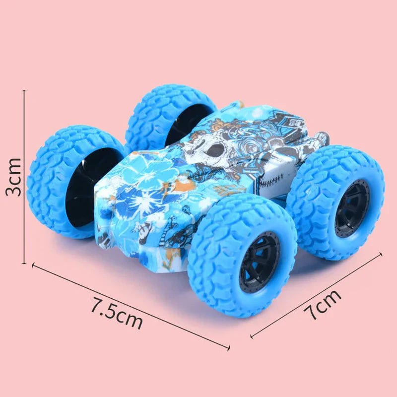 Close-up of a vibrant double-sided stunt car, a dynamic and durable toy car for kids