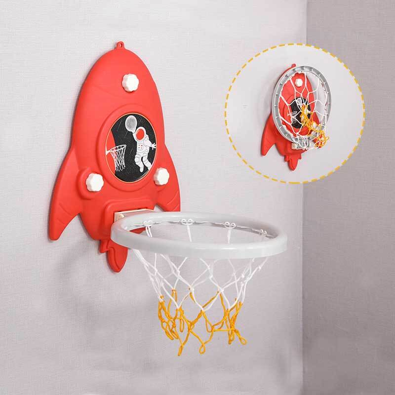 Children playing with an adjustable red and blue mini basketball hoop, great for active indoor play.