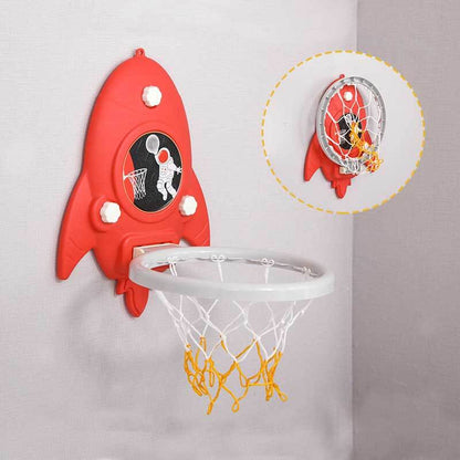 Children playing with an adjustable red and blue mini basketball hoop, great for active indoor play.