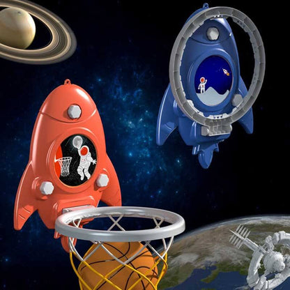 Red and blue children's adjustable basketball hoop mounted on a wall, a fantastic active gift for kids.